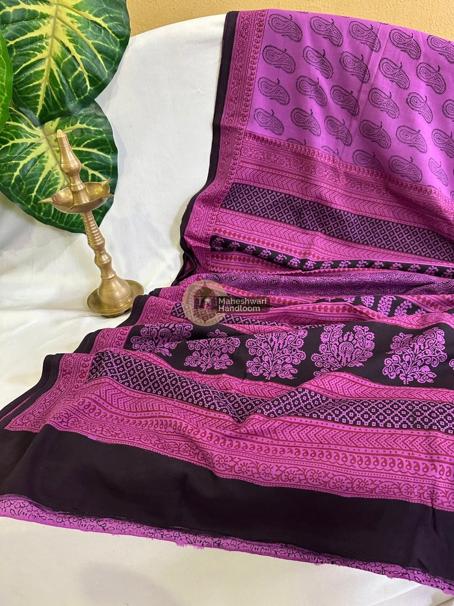 Magenta Blue Bagh Print Cotton Saree 014