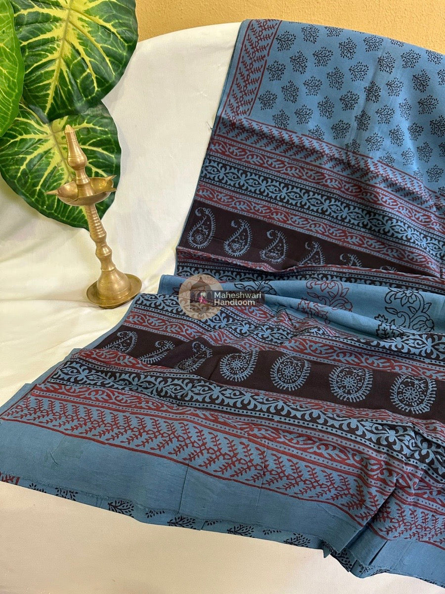 Light Sky Blue Bagh Print Cotton Saree 019
