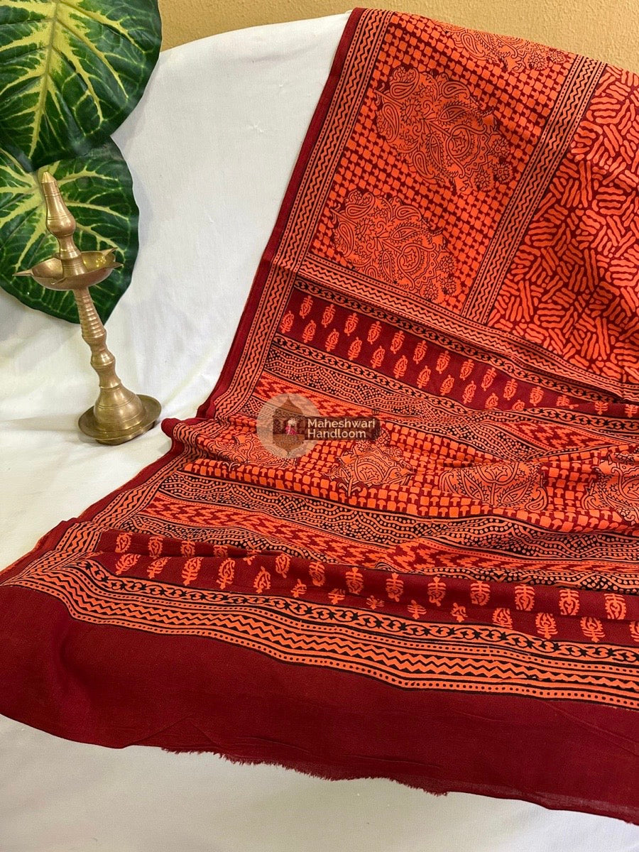 Rust Orange Bagh Print Cotton Saree 024