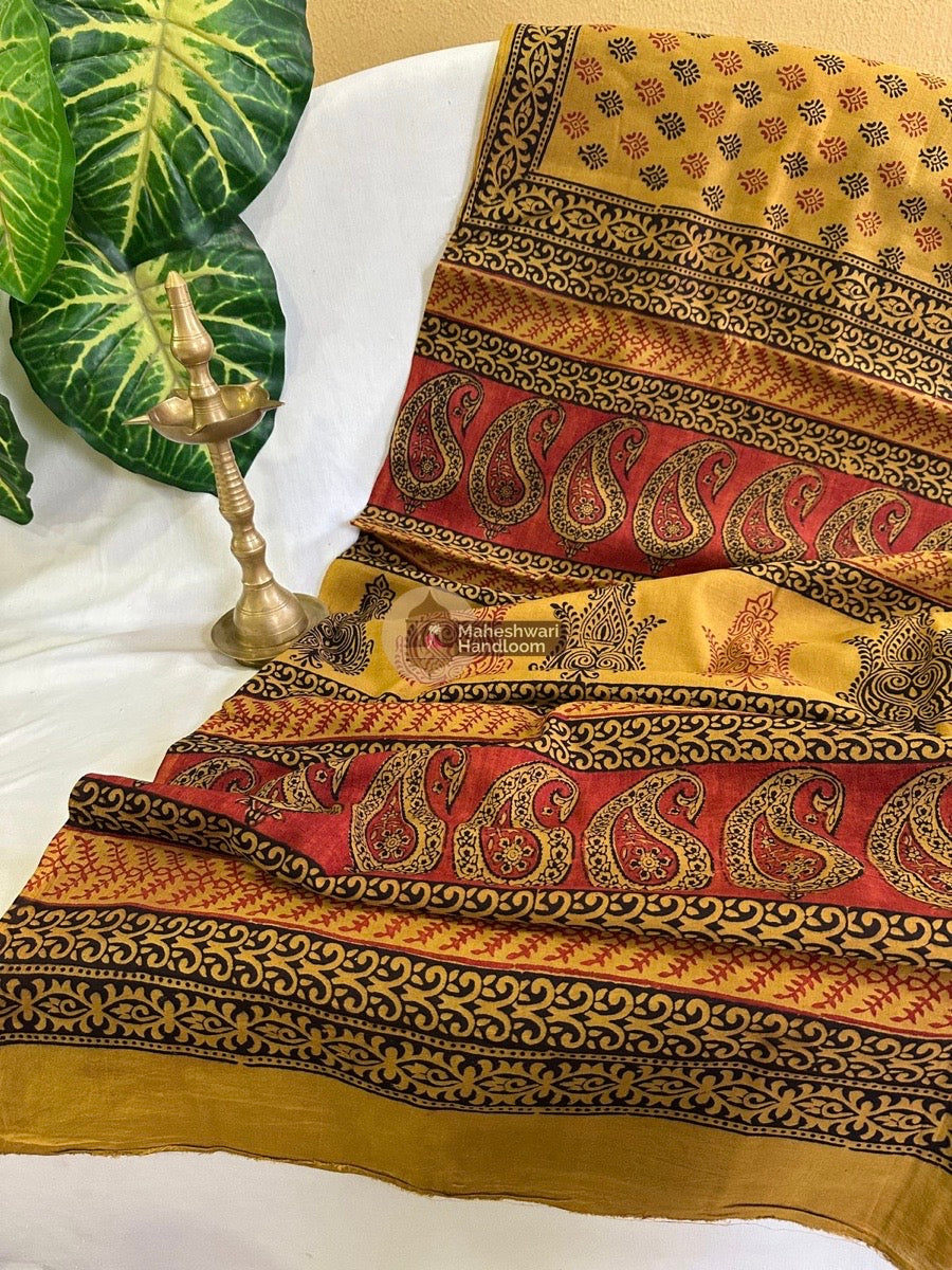 Mustard Yellow Bagh Print Cotton Saree 011