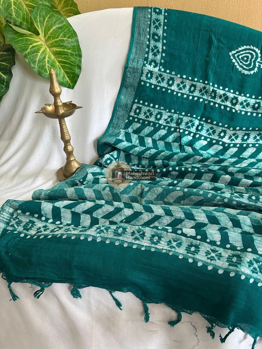 Rama Green Cotton Linen Saree 02