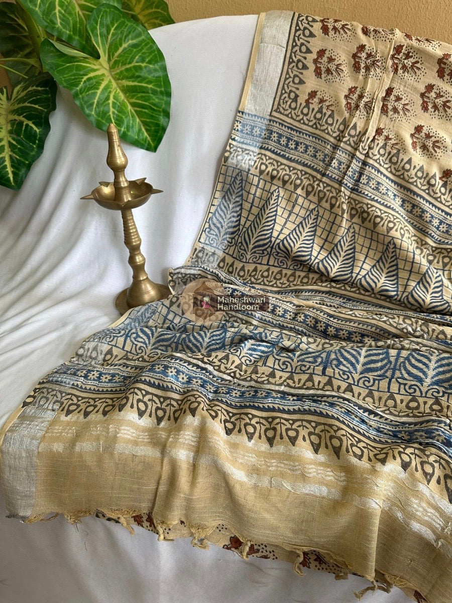 Cream Cotton Linen Saree 010