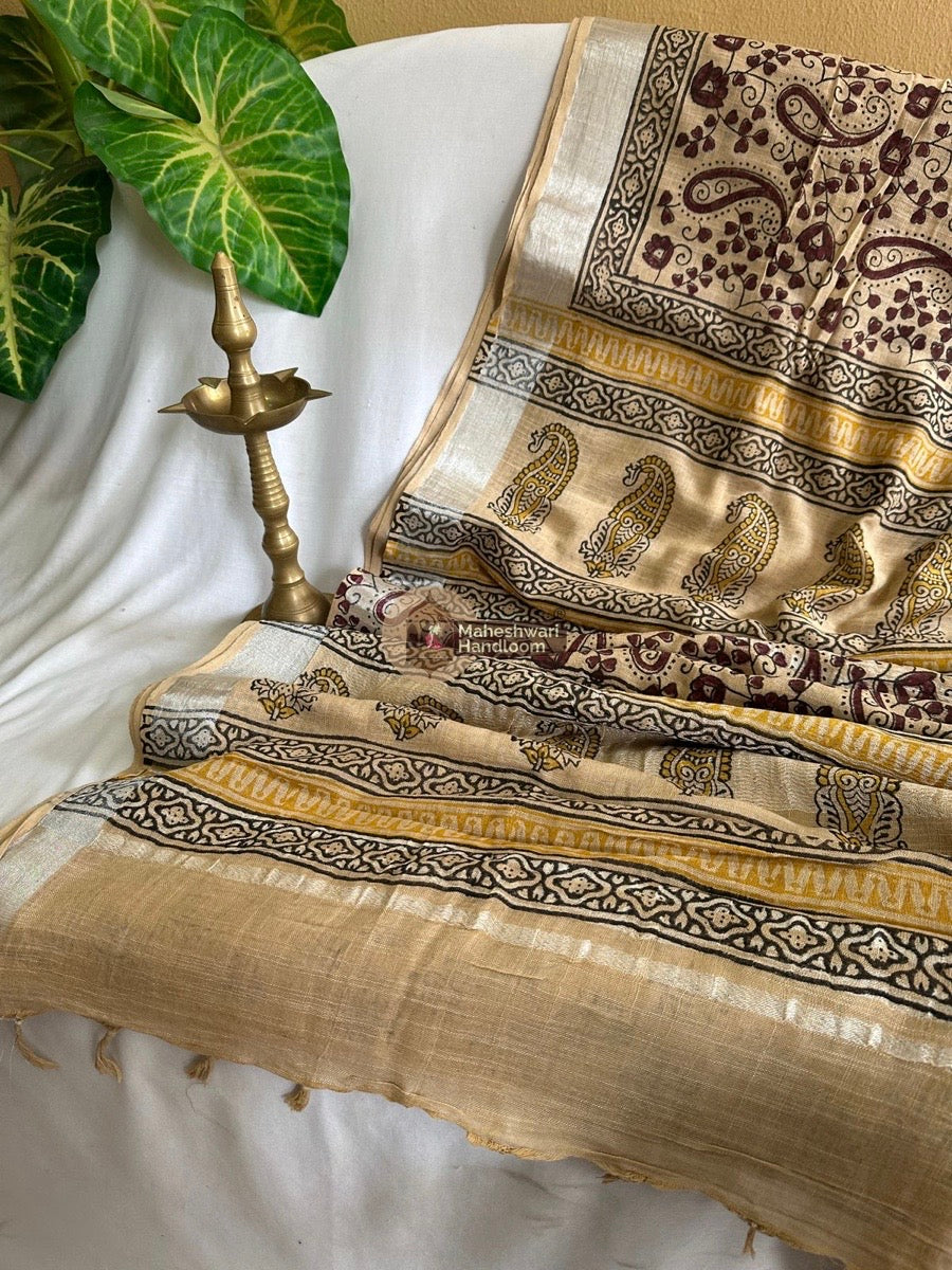 Beige Cotton Linen Saree 04