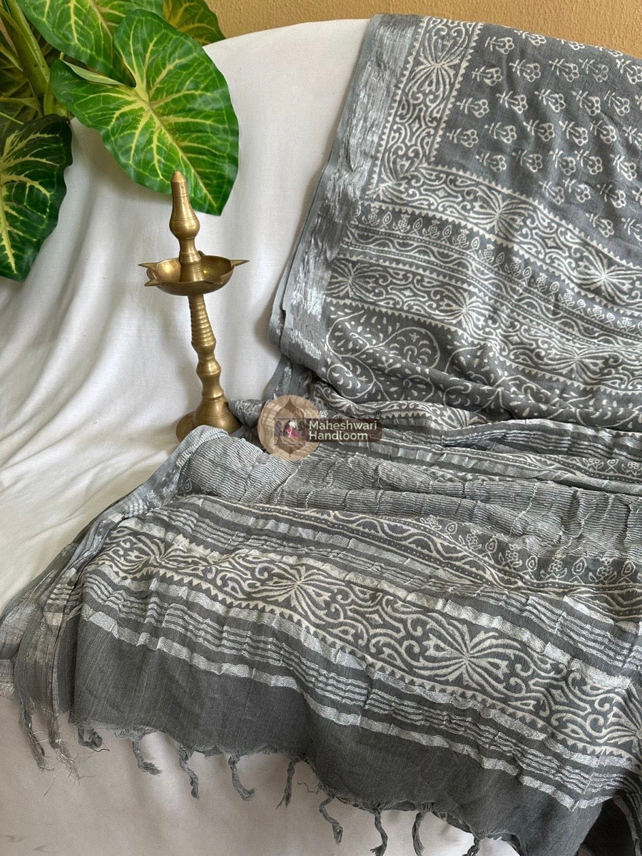 Grey Cotton Linen Saree 07