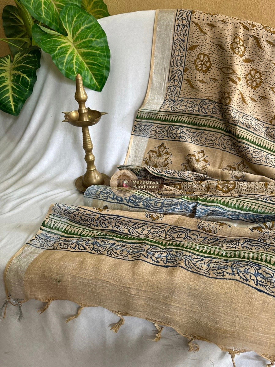 Beige Cotton Linen Saree 06