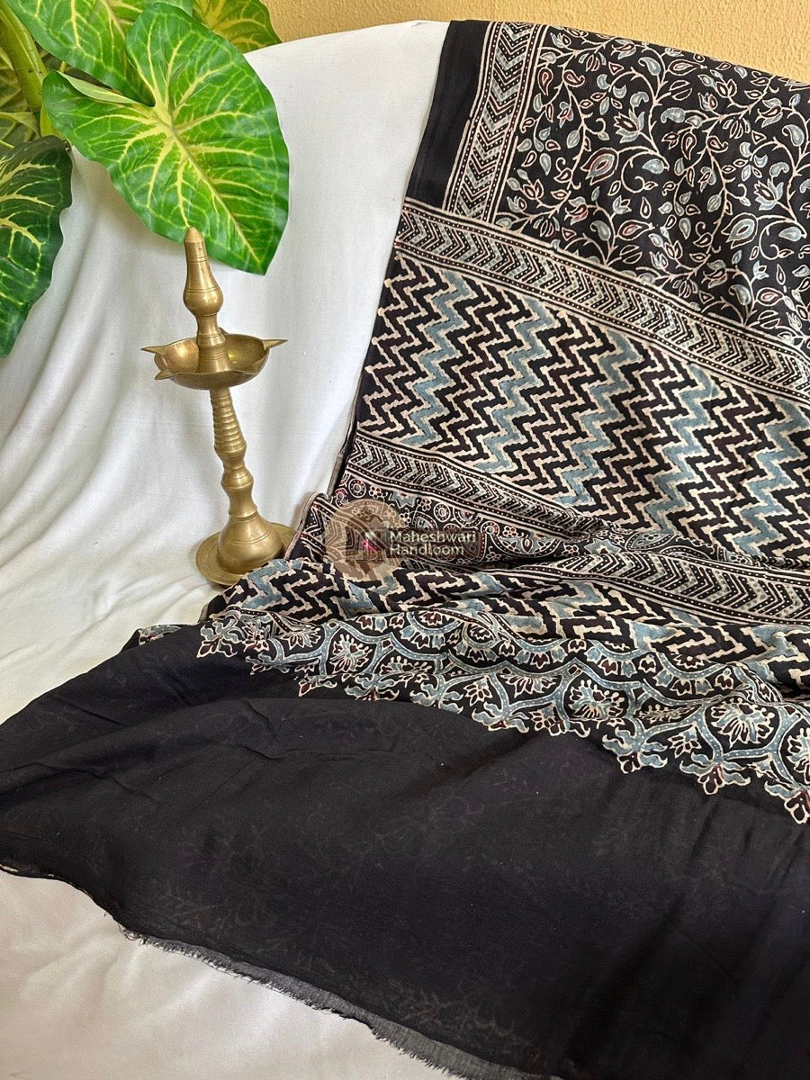 Black Ajrakh Print Cotton Saree 01