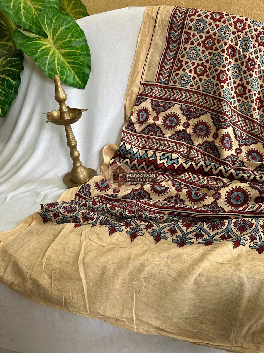 Cream Ajrakh Print Cotton Saree 02