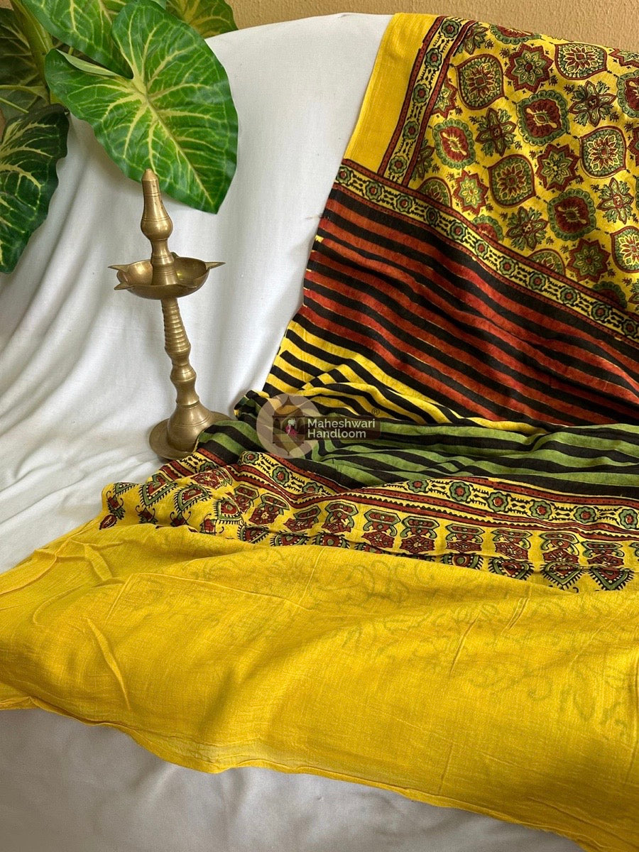 Yellow Ajrakh Print Cotton Saree 05