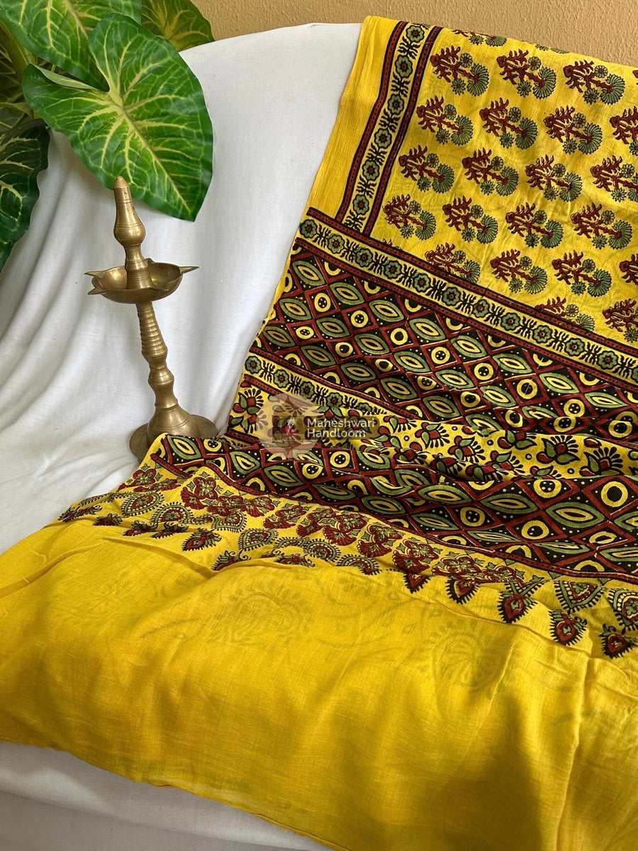 Yellow Ajrakh Print Cotton Saree 03