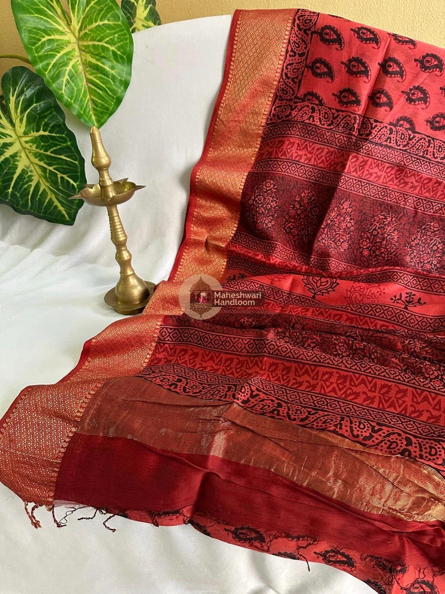 Maheshwari Fuchsia Red Bagh Print Silk Cotton Saree 019