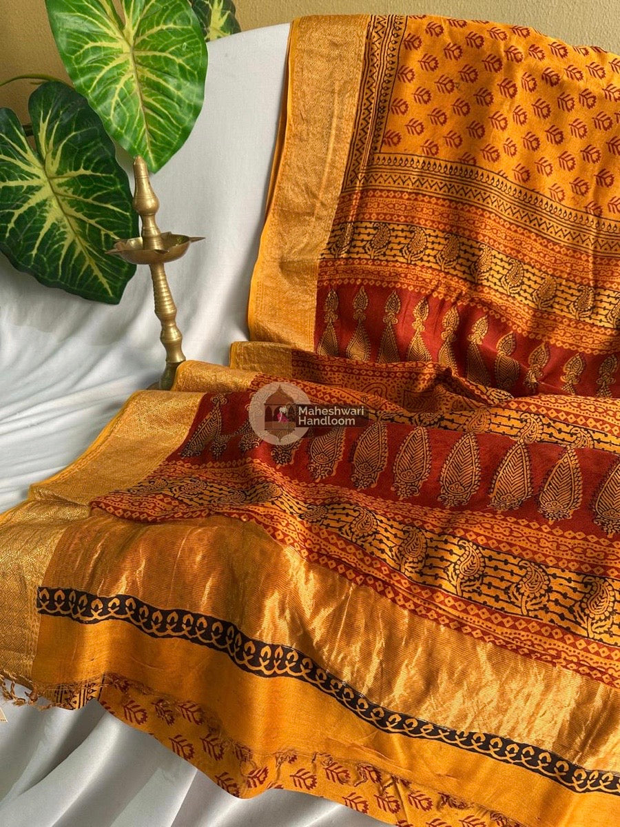 Maheshwari Orange Bagh Print Silk Cotton Saree 015