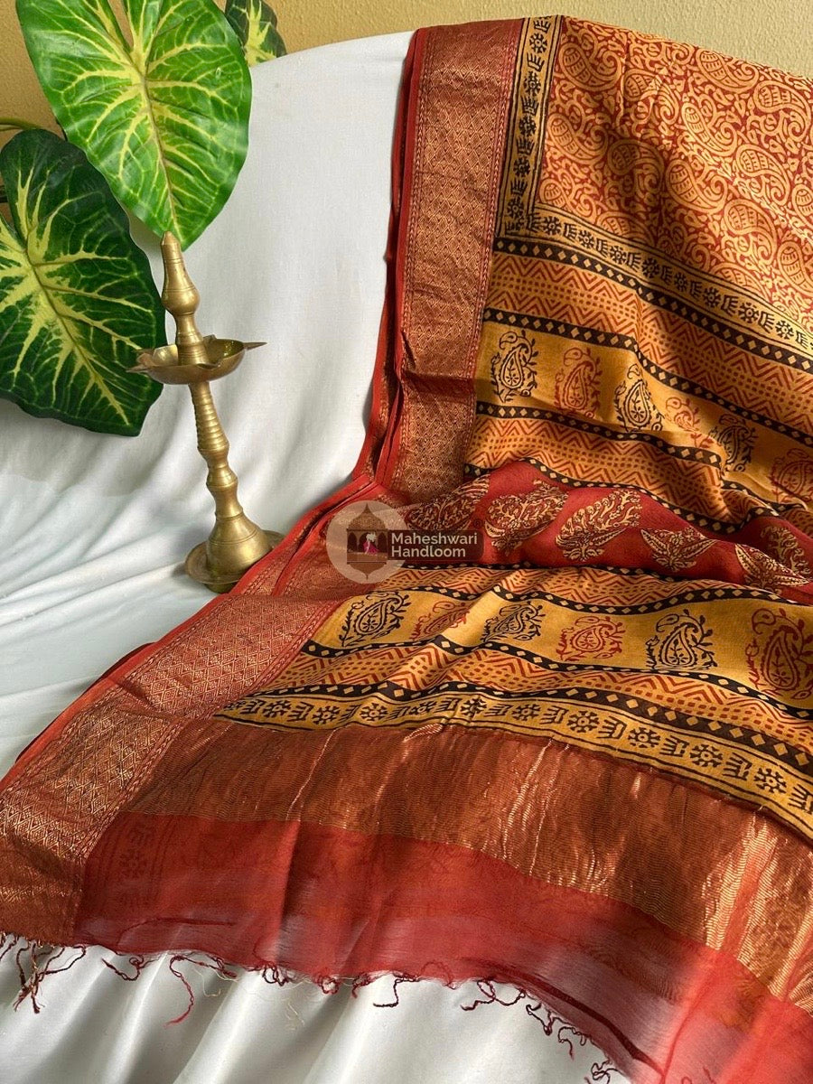 Maheshwari Mustard Yellow Bagh Print Silk Cotton Saree 013