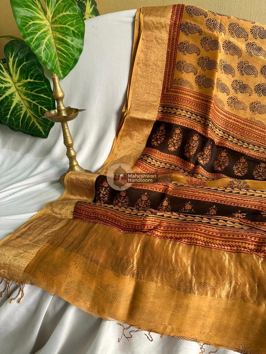 Maheshwari Light Yellow Bagh Print Silk Cotton Saree 032
