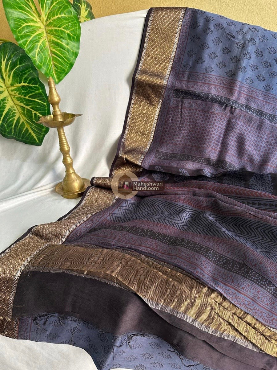 Maheshwari Blue Bagh Print Silk Cotton Saree 014