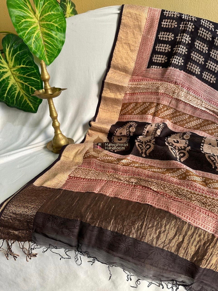 Maheshwari Black Bagh Print Silk Cotton Saree 028