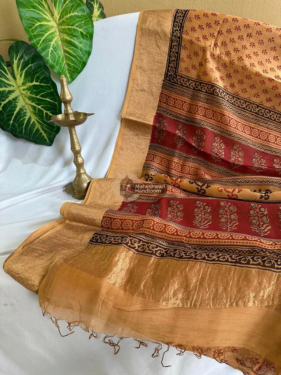 Maheshwari Light Yellow Bagh Print Silk Cotton Saree 01