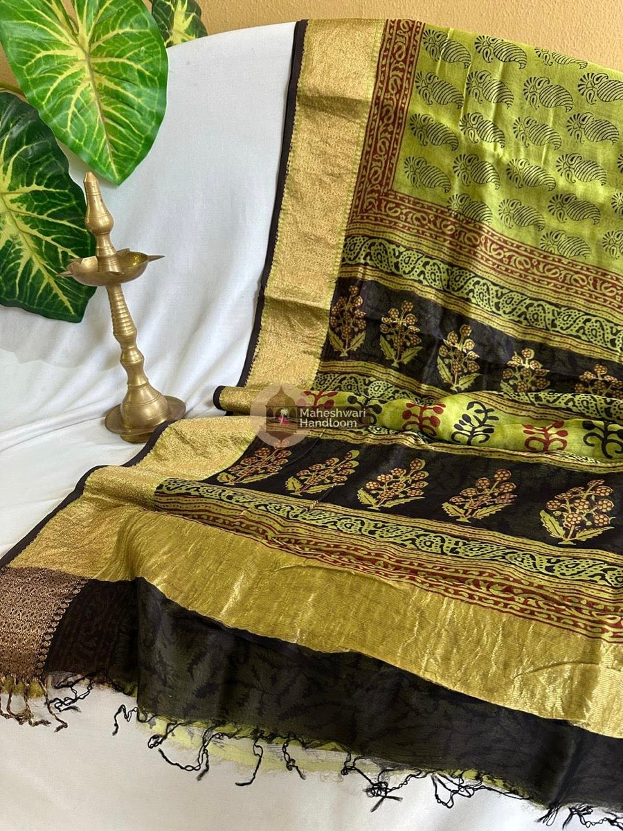 Maheshwari Mehendi Green Bagh Print Silk Cotton Saree 031