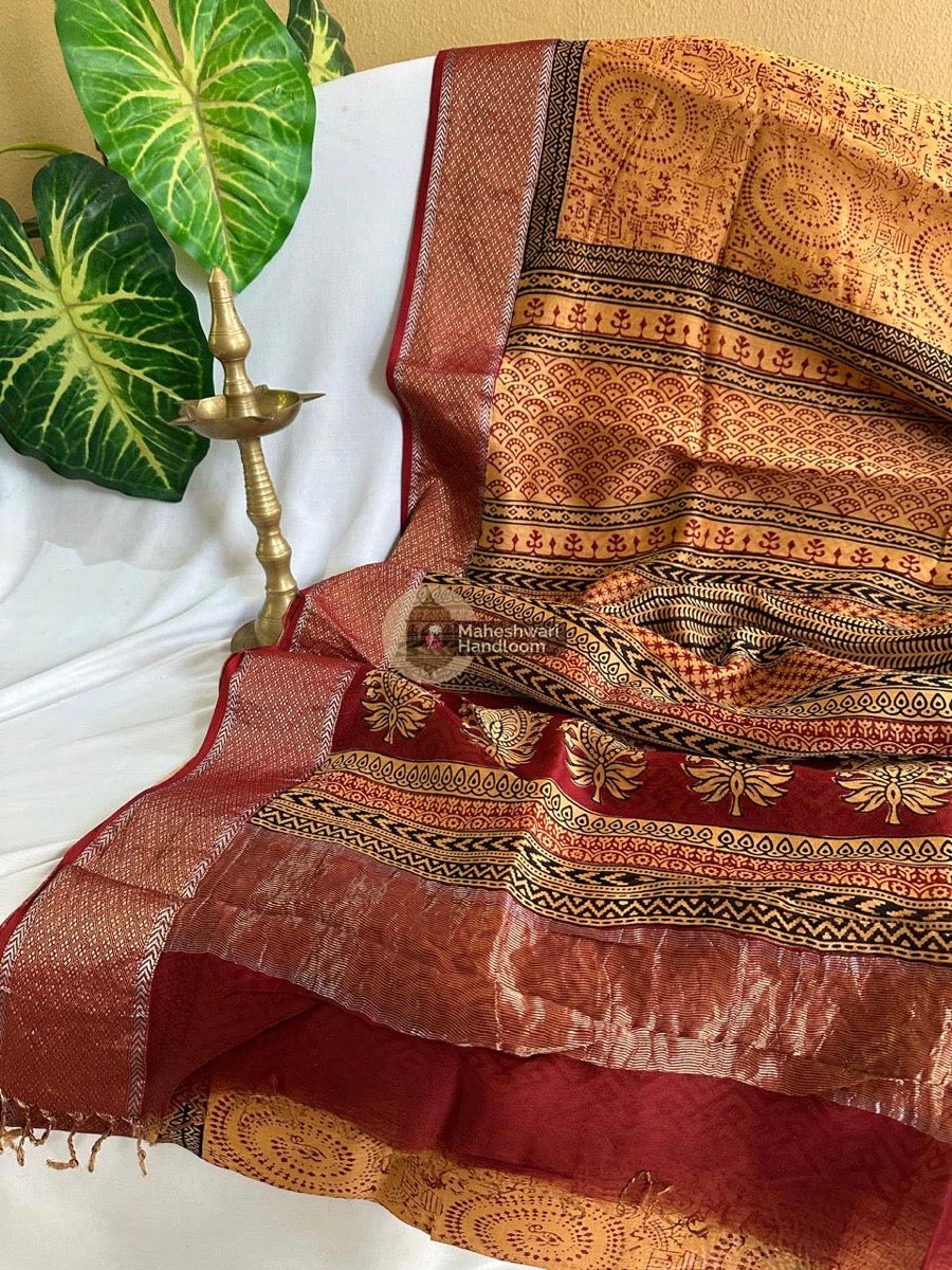 Maheshwari Light Yellow Bagh Print Silk Cotton Saree 017