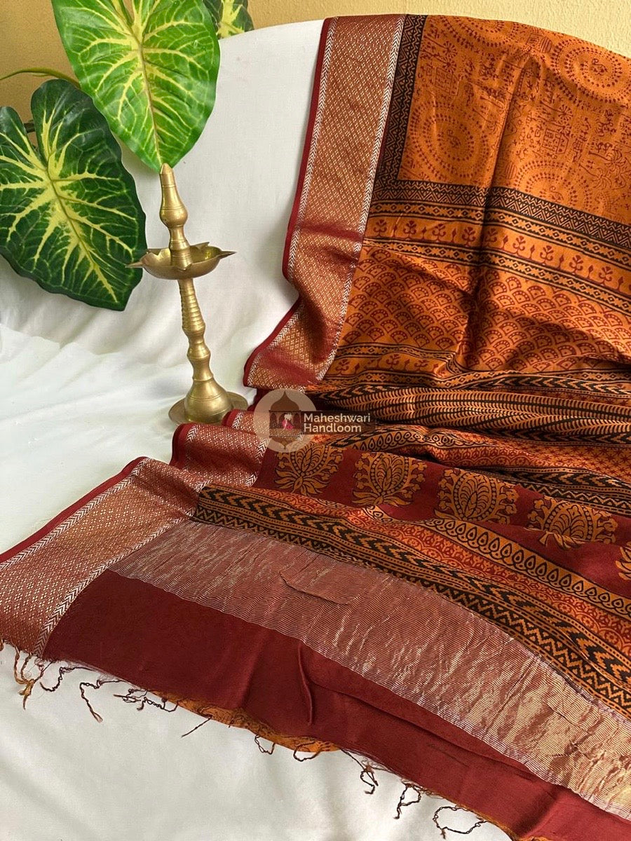 Maheshwari Orange Bagh Print Silk Cotton Saree 023