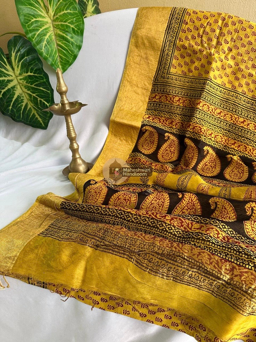 Maheshwari Yellow Bagh Print Silk Cotton Saree 030