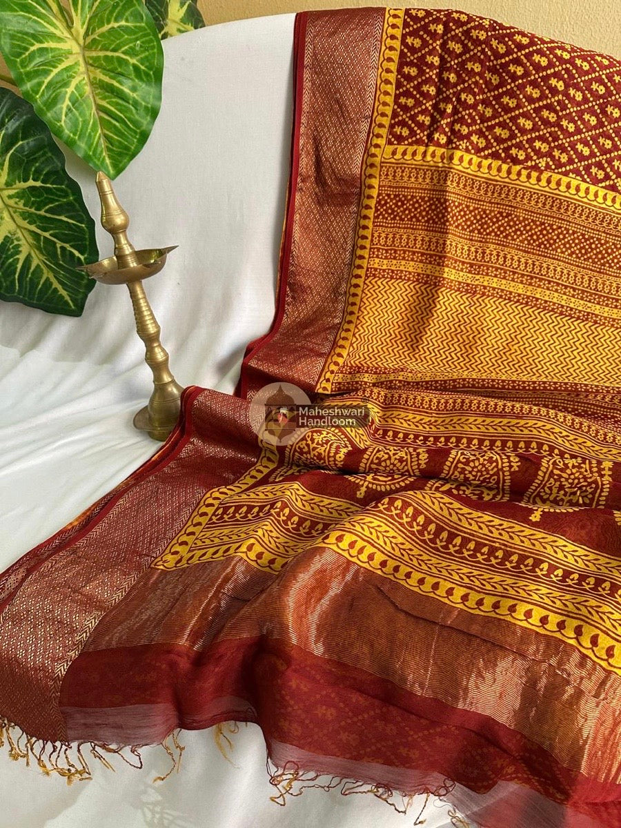 Maheshwari Yellow Red Bagh Print Silk Cotton Saree 022