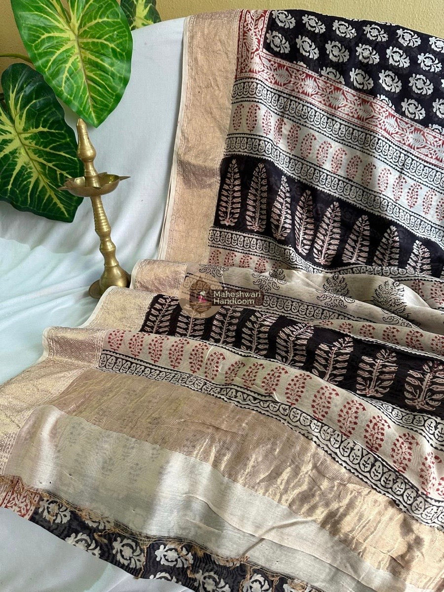 Maheshwari Black Bagh Print Silk Cotton Saree 016