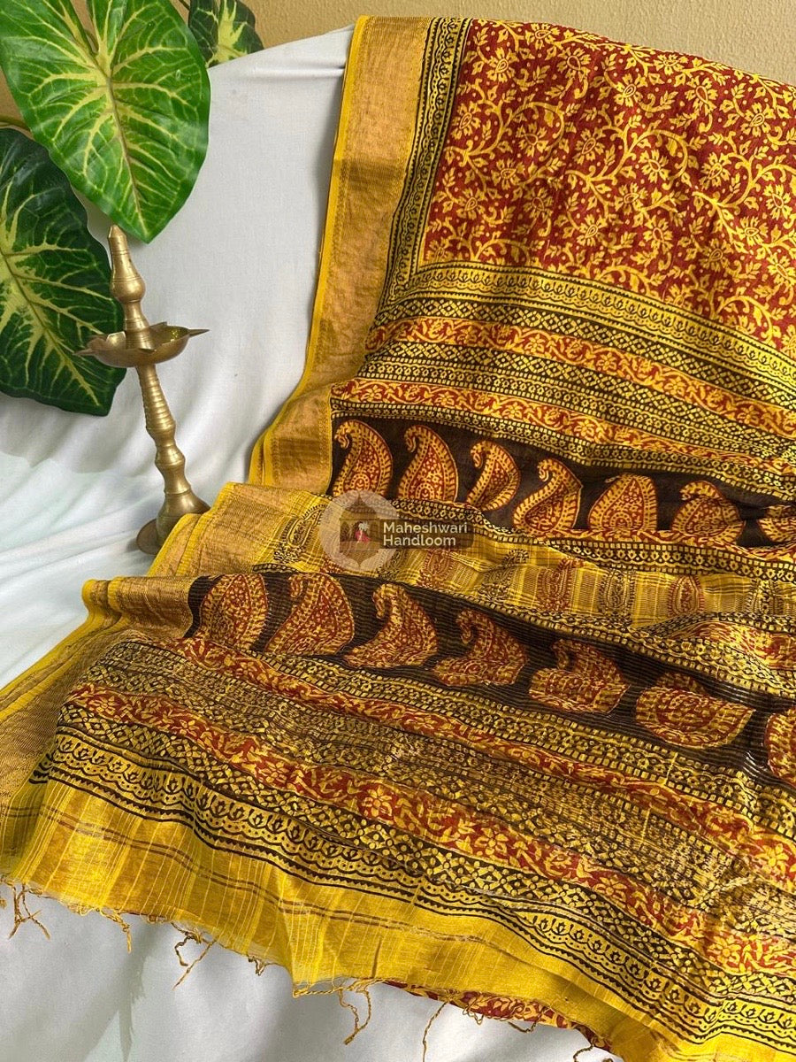 Maheshwari Maroon Bagh Print Silk Cotton Saree 05
