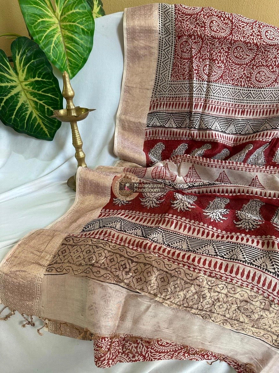 Maheshwari Red Bagh Print Silk Cotton Saree 029