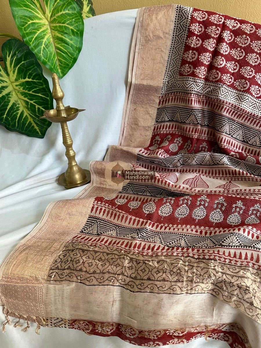 Maheshwari Maroon Bagh Print Silk Cotton Saree 07