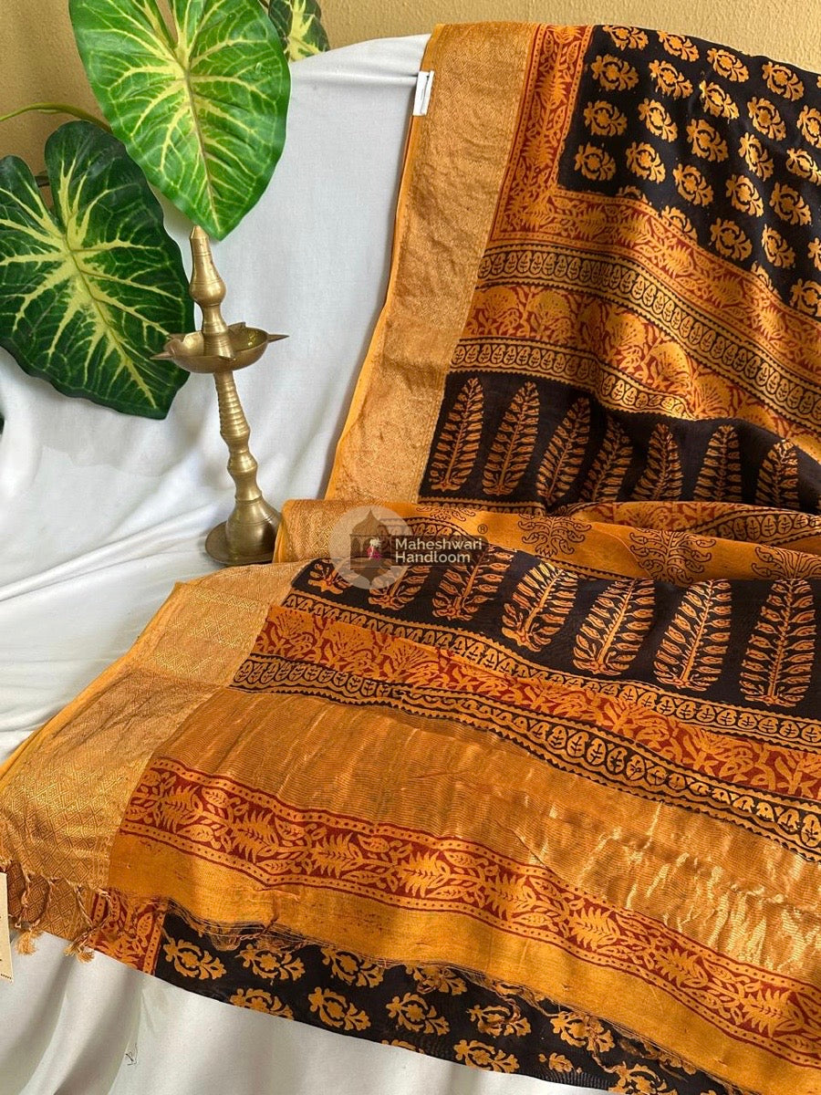 Maheshwari Black Bagh Print Silk Cotton Saree 021