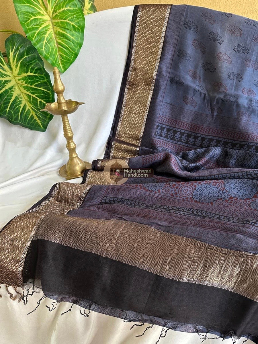 Maheshwari Blue Bagh Print Silk Cotton Saree 06