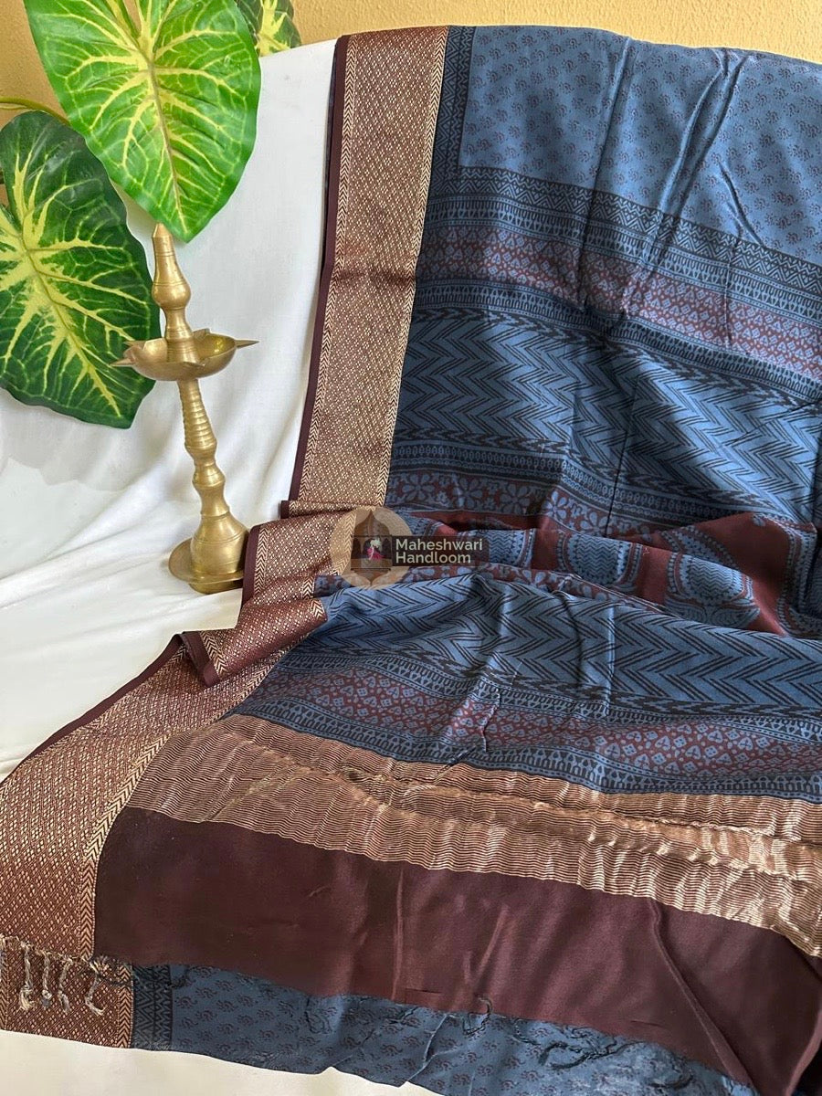 Maheshwari Blue Bagh Print Silk Cotton Saree 027