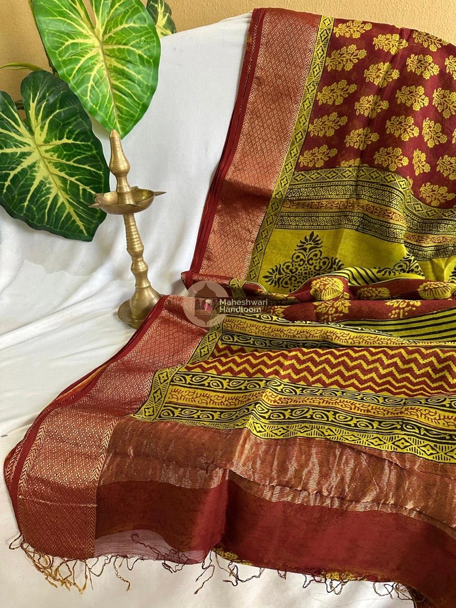 Maheshwari Maroon Bagh Print Silk Cotton Saree 020