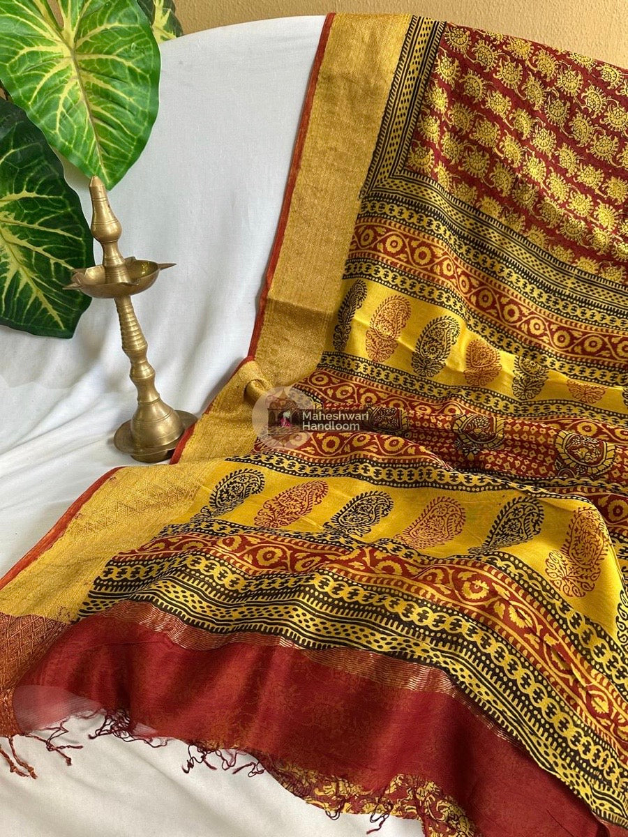 Maheshwari Red Bagh Print Silk Cotton Saree 09