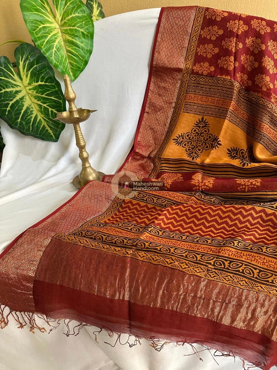 Maheshwari Maroon Bagh Print Silk Cotton Saree 011