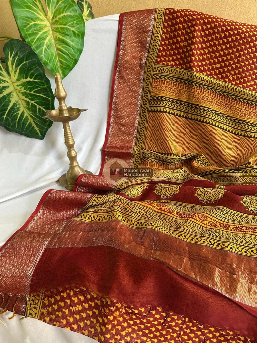 Maheshwari Maroon Bagh Print Silk Cotton Saree 018