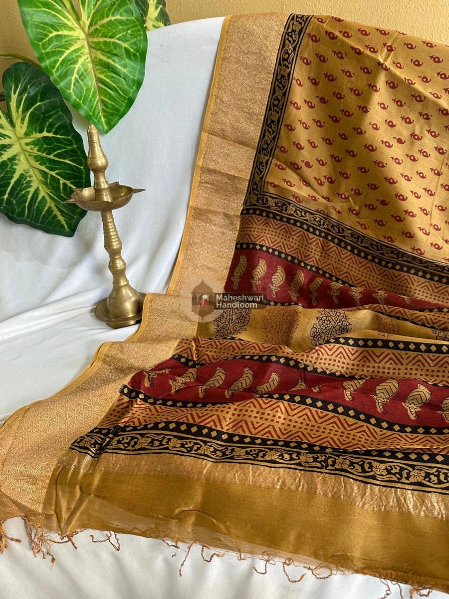 Maheshwari Light Yellow Bagh Print Silk Cotton Saree 025