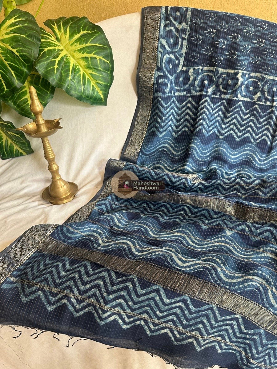 Blue Indigo Cotton Print Saree 01