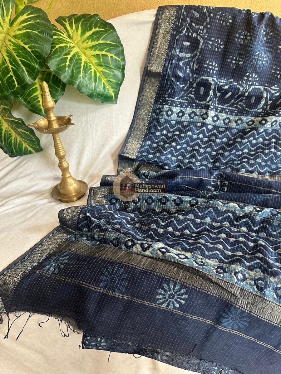 Blue Indigo Cotton Print Saree 02