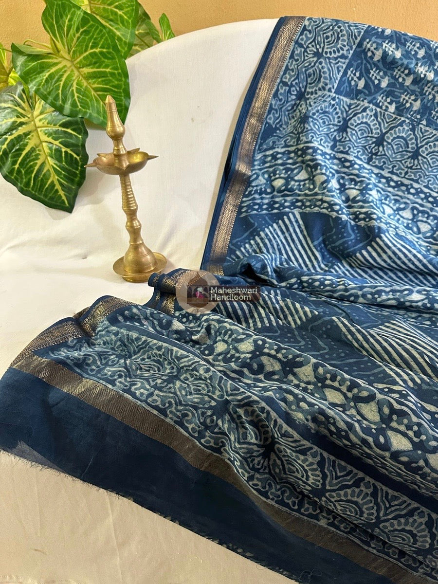 Blue Indigo Cotton Print Saree 05