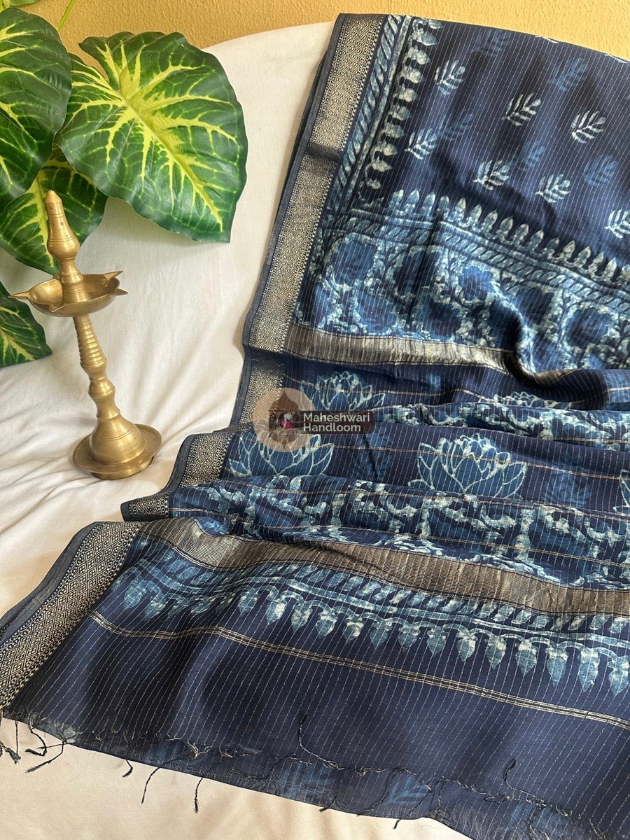 Blue Indigo Cotton Print Saree 04