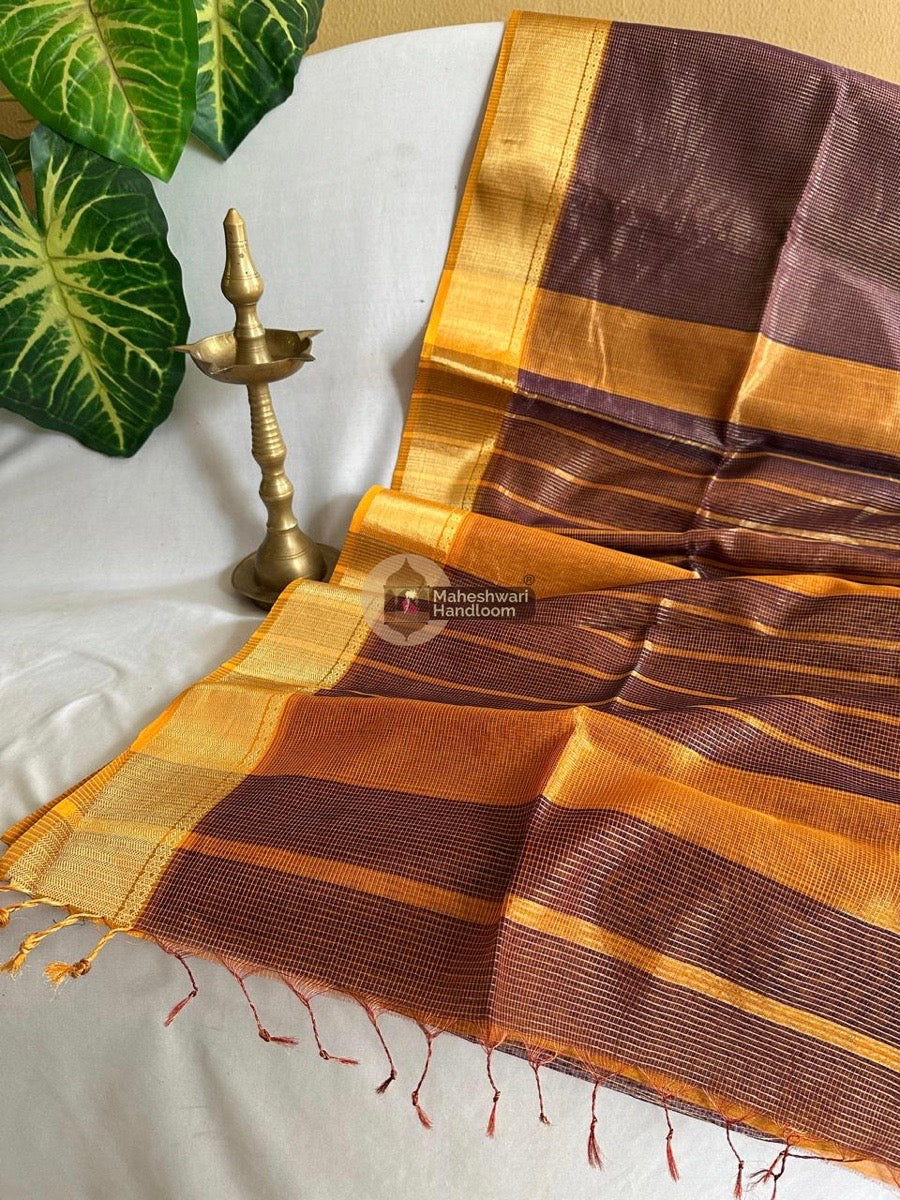 Exclusive Maheshwari Coffee Brown Tissue Silk Saree 01