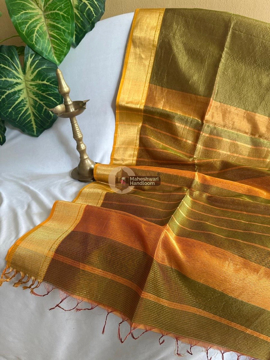 Exclusive Maheshwari Mehendi Green Tissue Silk Saree 05