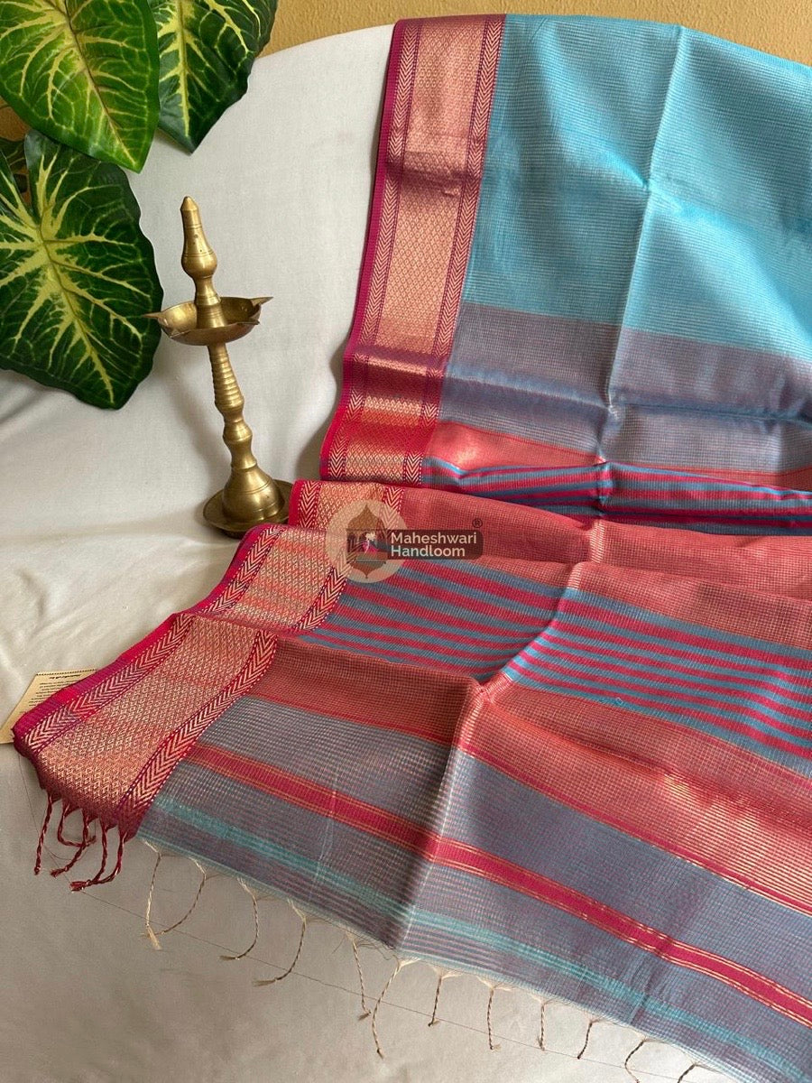 Exclusive Maheshwari Sky Blue Tissue Silk Saree 09