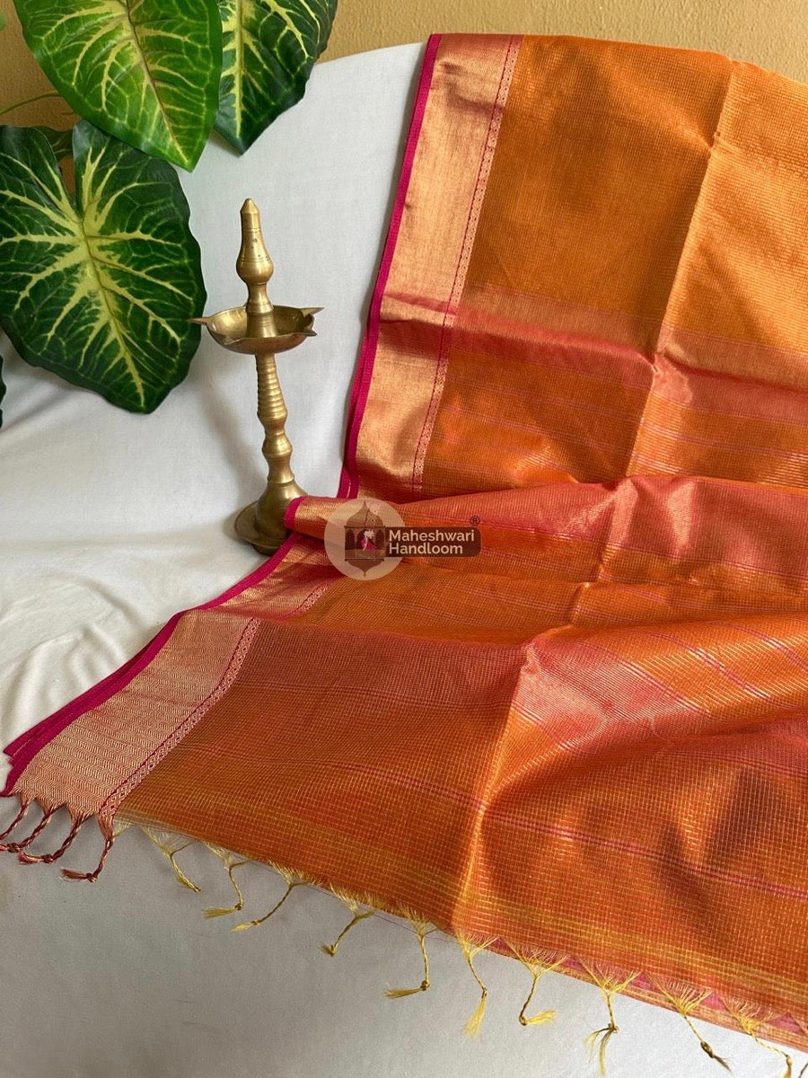 Exclusive Maheshwari Orange Tissue Silk Saree 013
