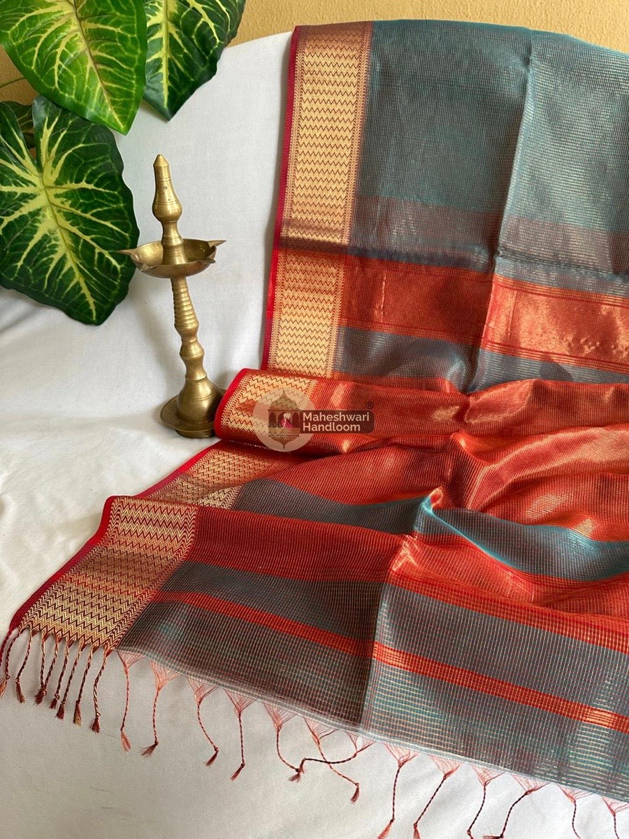 Exclusive Maheshwari Teal Blue Tissue Silk Saree 016