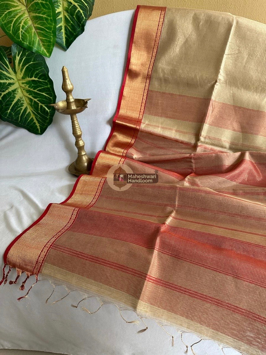 Exclusive Maheshwari Beige Tissue Silk Saree 019