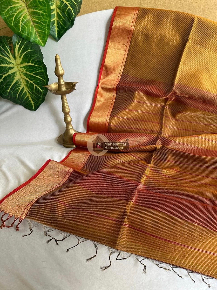 Exclusive Maheshwari Golden Yellow Tissue Silk Saree 021