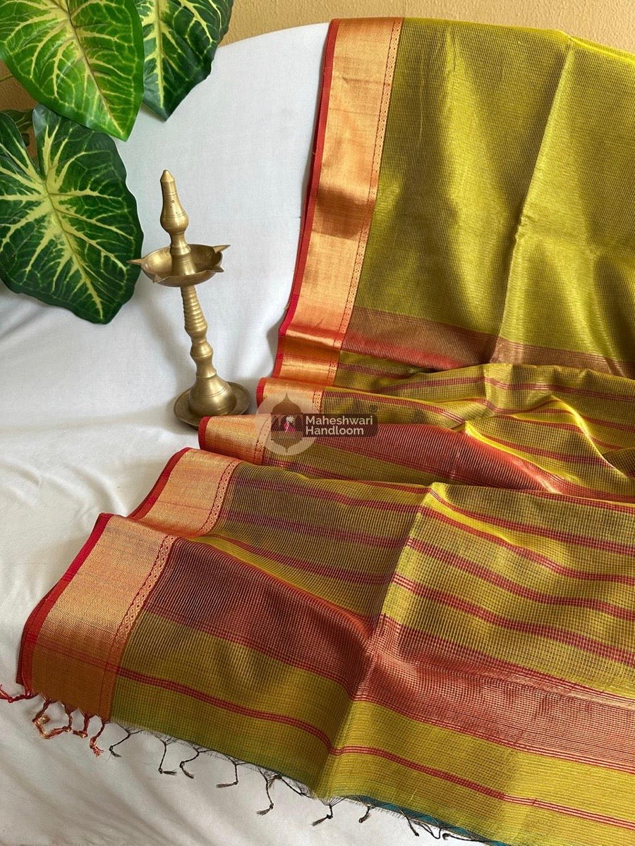 Exclusive Maheshwari Mehendi Green Tissue Silk Saree 029