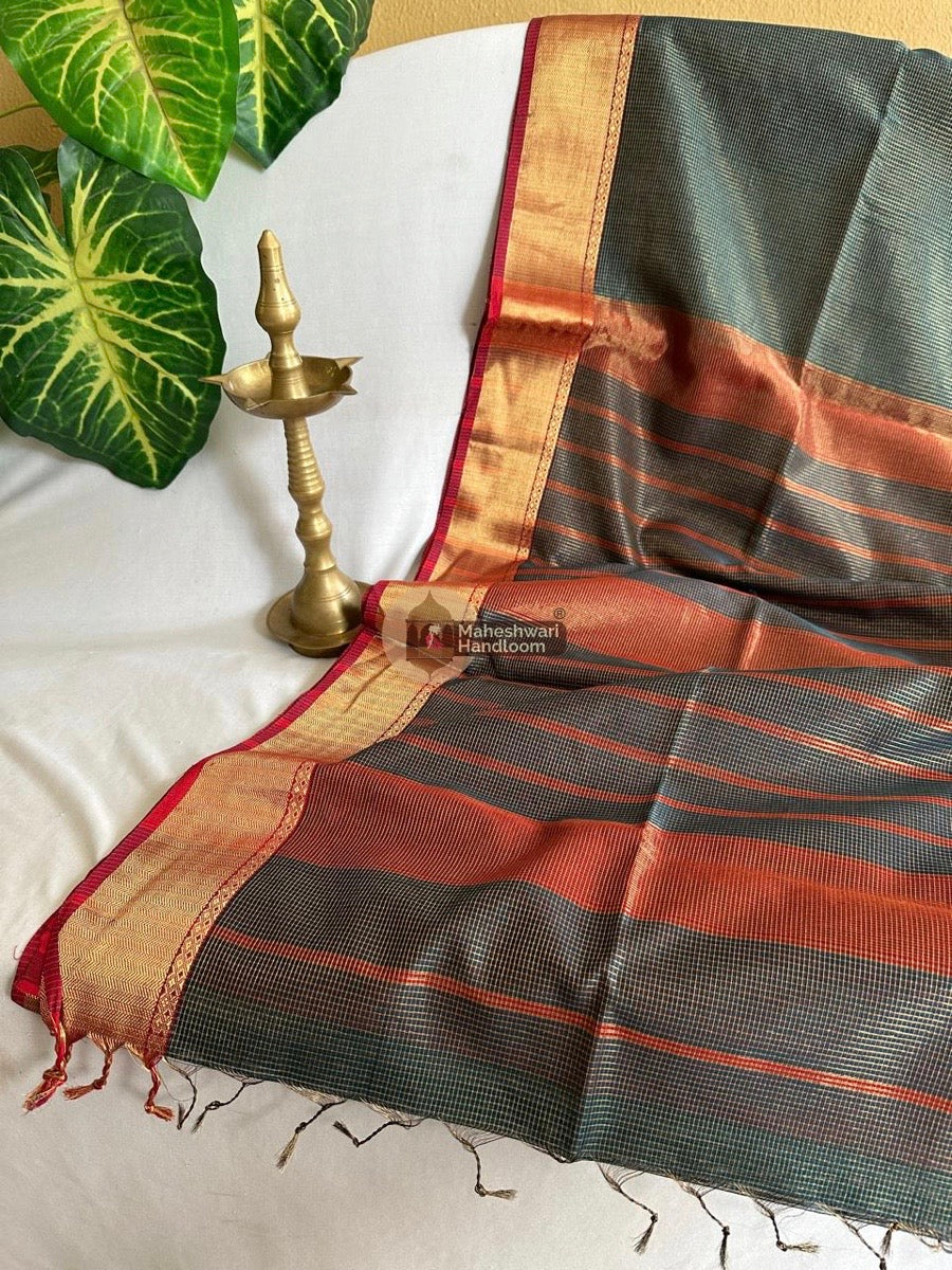 Exclusive Maheshwari Cement Grey Tissue Silk Saree 033